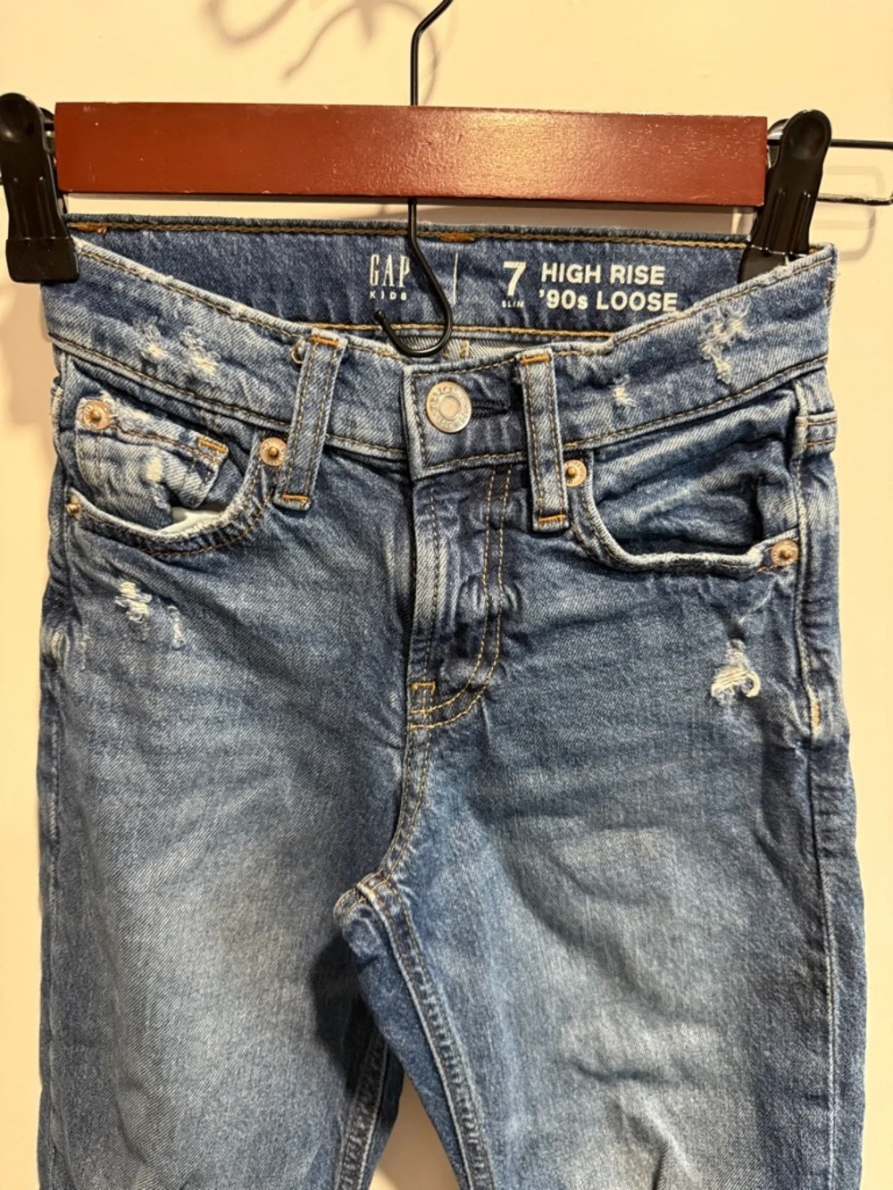GAP Distressed Mid-Blue High-Rise Loose Jeans 7 Slim Like New